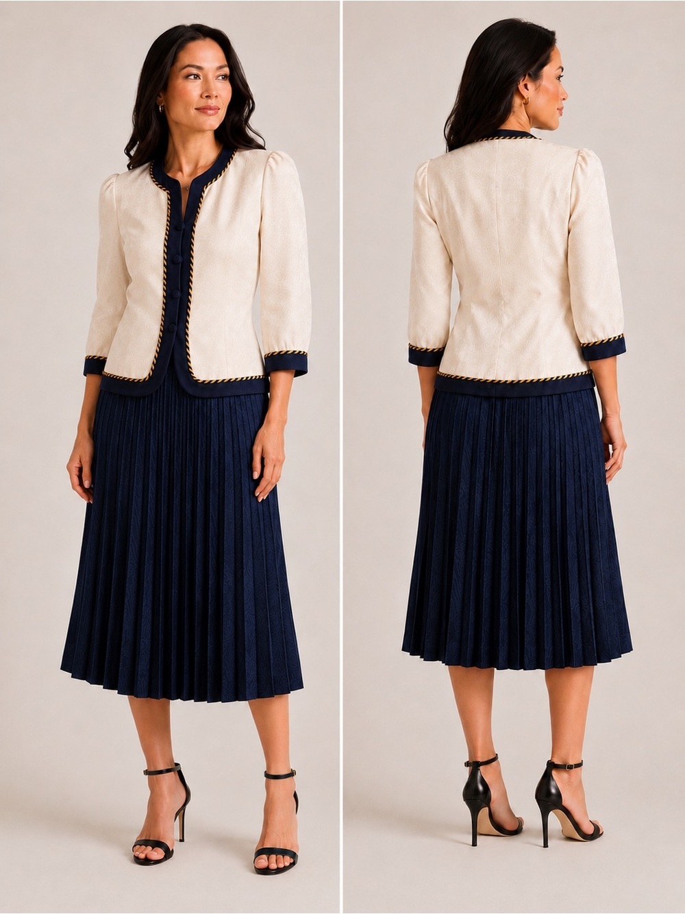 Vintage Adrianna Papell Ivory Paisley Silk Blazer & Skirt Set 
Size 6